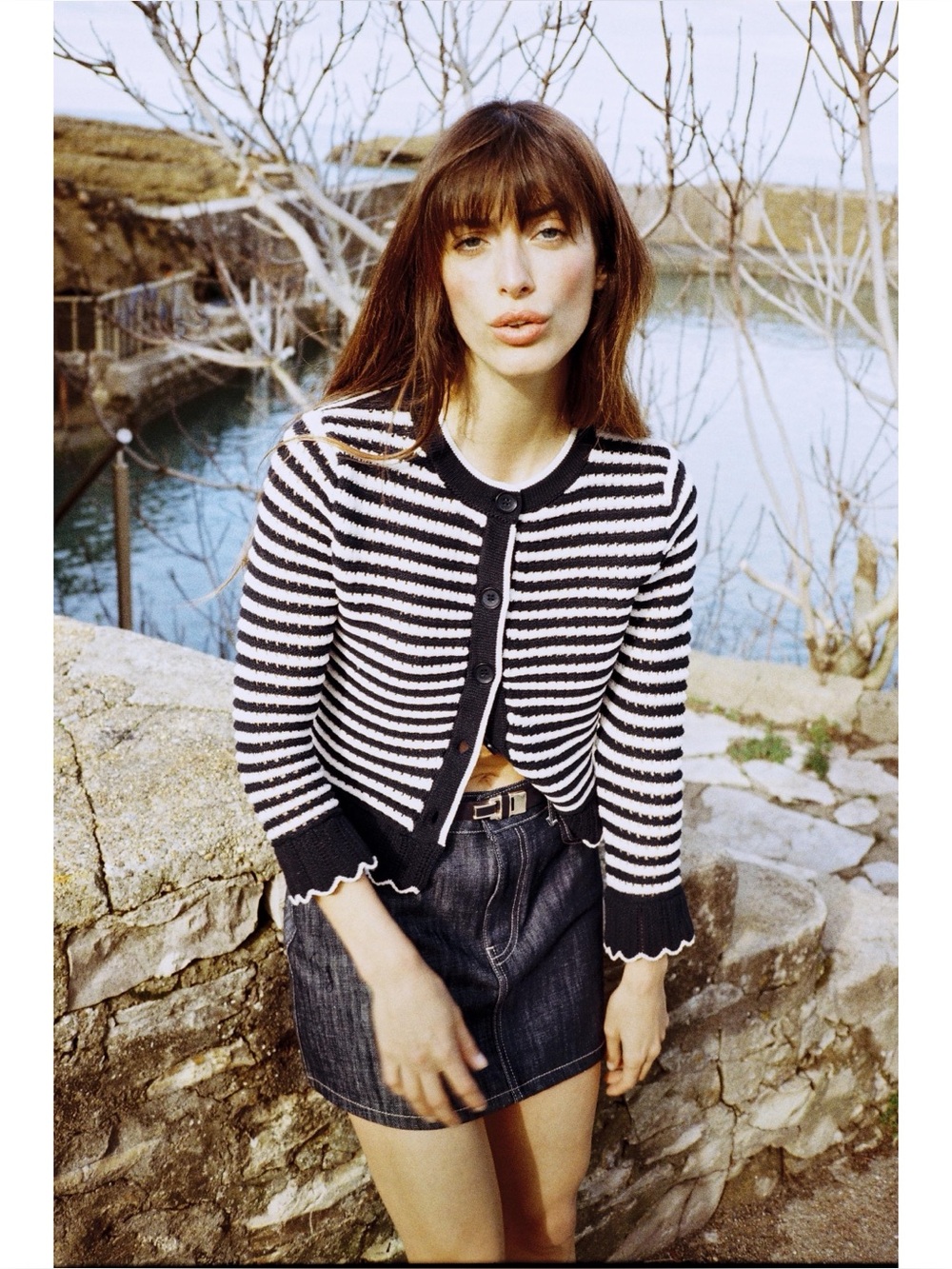 Zara Black White Stripe Cardigan Sweater Small Scallop Long Sleeve Sweater